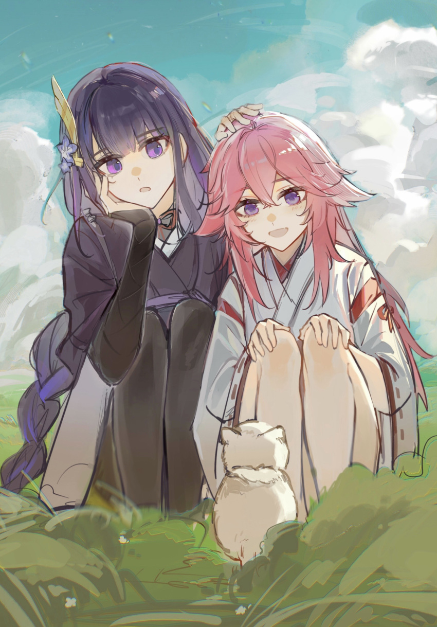 2girls absurdres age_difference animal animal_ears bare_legs blunt_bangs braid clouds cloudy_sky genshin_impact hair_between_eyes hair_ornament hand_on_another's_head hand_on_own_face hand_on_own_knee highres japanese_clothes kis7908992 long_hair looking_at_animal looking_down multiple_girls on_grass open_mouth outdoors pink_hair purple_hair raiden_shogun single_braid sitting sky violet_eyes yae_miko yuri
