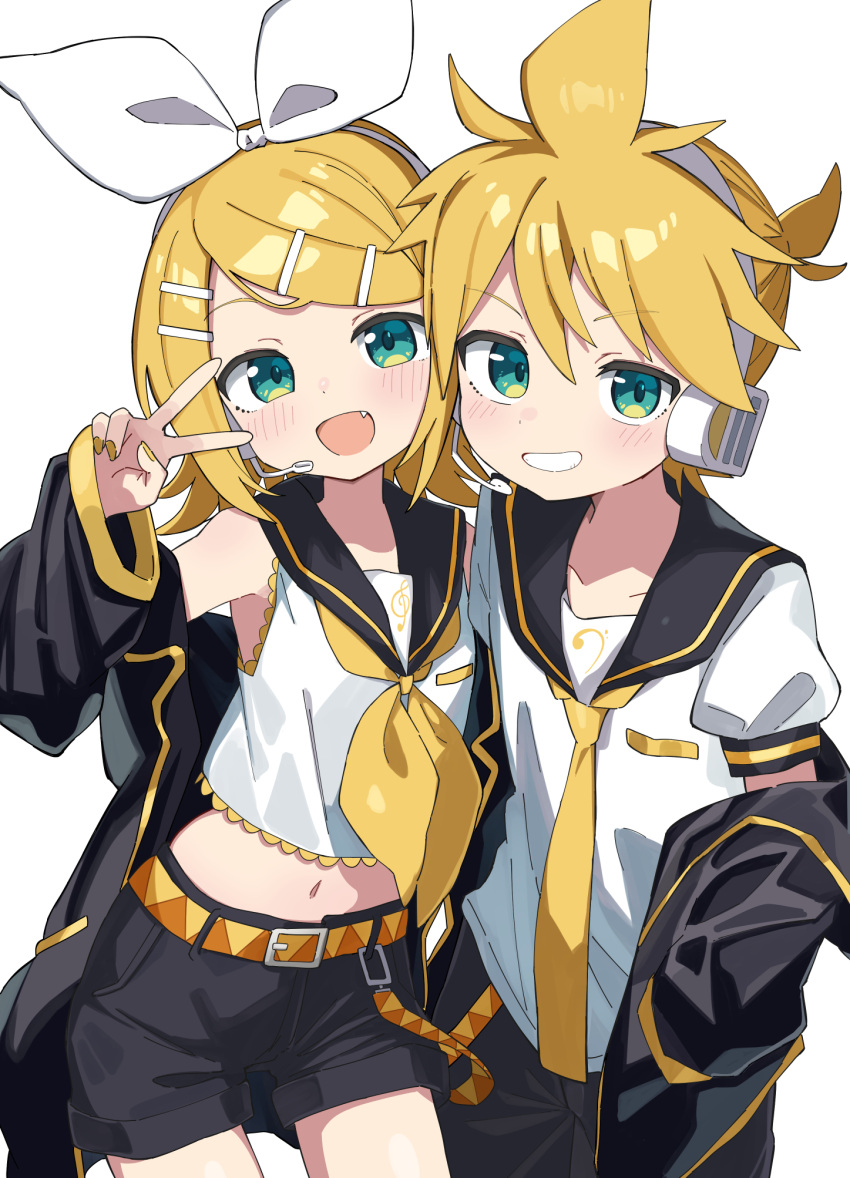 1boy 1girl bass_clef belt blonde_hair blush bow_hairband collarbone green_eyes hair_between_eyes hair_ornament hairband hairclip headphones highres jacket kagamine_len kagamine_rin looking_at_viewer maud0239 midriff navel neckerchief necktie open_mouth oversized_clothes short_hair short_shorts short_sleeves shorts siblings sleeveless treble_clef twins vocaloid white_background