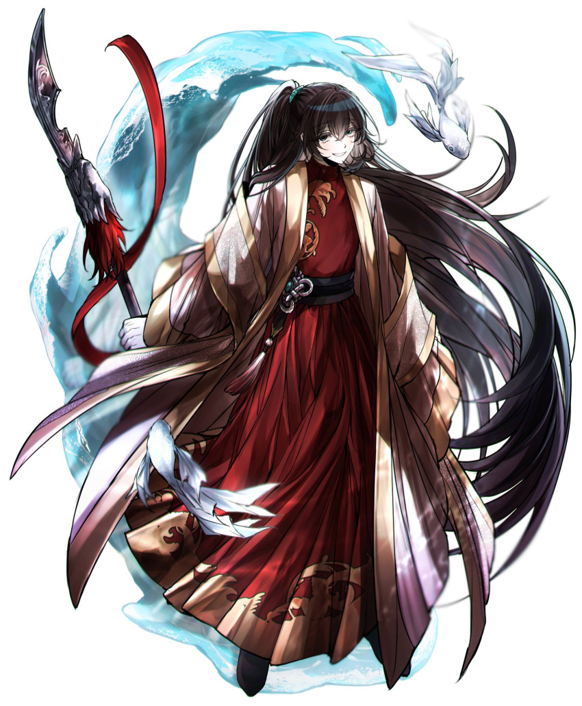 1boy aqua_eyes black_eyes brown_hair carp chinese_clothes chinese_knot coat e.g.o_(project_moon) guan_dao half_updo hanfu heterochromia highres holding holding_weapon hong_lu_(project_moon) limbus_company long_hair long_sleeves looking_at_viewer luull parted_lips project_moon red_coat red_ribbon ribbon sash simple_background smile solo very_long_hair water weapon white_background
