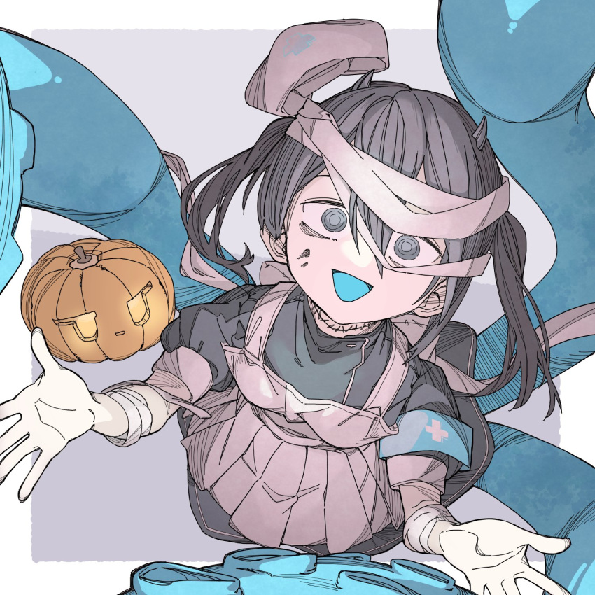 1girl apron armband bags_under_eyes bandaged_arm bandaged_head bandages black_dress black_eyes black_hair blue_armband blue_tongue border colored_tongue commentary_request crazy_eyes dress from_above grey_background hair_between_eyes hands_up highres horns indie_virtual_youtuber jack-o'-lantern long_hair looking_at_viewer looking_up open_mouth outside_border puffy_short_sleeves puffy_sleeves ringed_eyes shio_koneno short_sleeves simple_background smile solo stitched_neck stitches tentacles twintails unworn_headwear virtual_youtuber white_apron white_border wide-eyed yamata_ia
