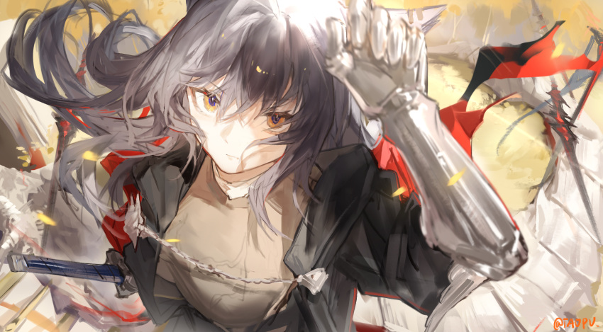 1girl animal_ears arknights arm_up artist_name black_hair black_jacket brown_shirt cape closed_mouth commentary expressionless highres holding holding_sword holding_weapon jacket long_hair looking_at_viewer official_alternate_costume open_clothes open_jacket orange_eyes red_cape shirt solo sword symbol-only_commentary texas_(arknights) texas_the_omertosa_(arknights) texas_the_omertosa_(wingbreaker)_(arknights) upper_body weapon wolf_ears wolf_girl yipingtaopuzi