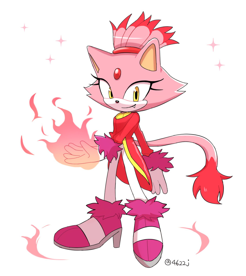 1girl blaze_the_cat burning_blaze eyelashes fang fire forehead_jewel fur-trimmed_footwear fur-trimmed_gloves fur_trim gloves gold_necklace highres hobi_(4622j) jacket jewelry looking_at_viewer necklace pants pink_footwear pink_fur ponytail red_jacket sonic_(series) white_background white_gloves white_pants yellow_eyes