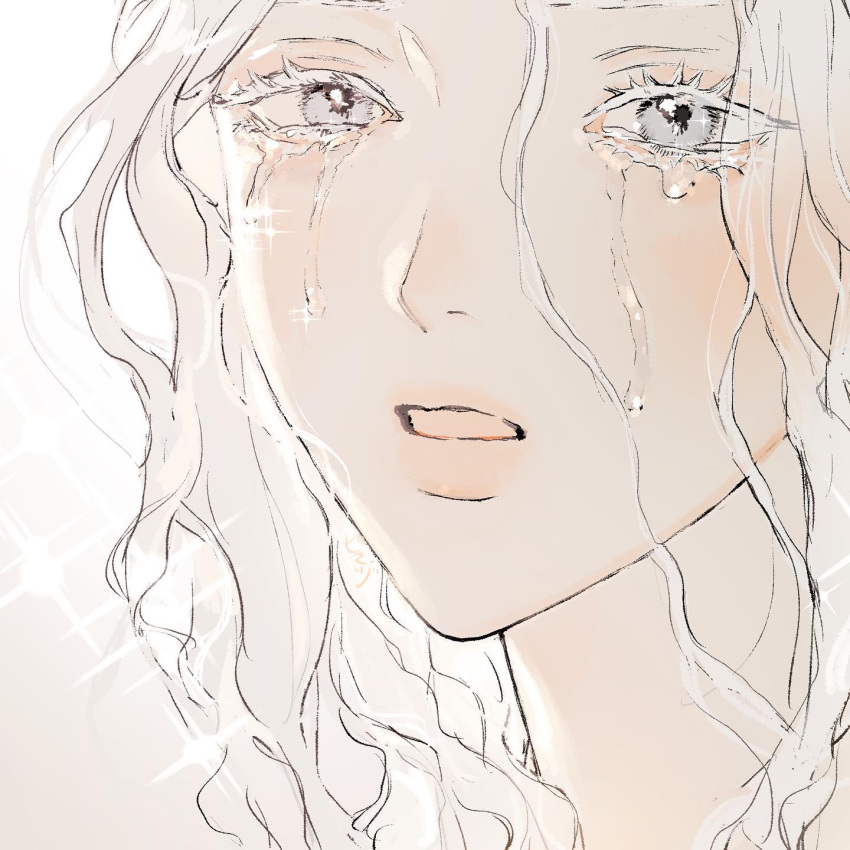 1girl brown_background colored_eyelashes crying crying_with_eyes_open gradient_background grey_eyes grey_hair highres looking_at_viewer medium_hair original parted_lips pipopubebu portrait simple_background solo sparkle tears translucent_hair white_background