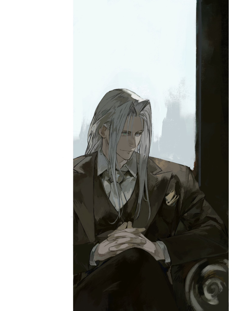 1boy alternate_costume armrest brown_jacket brown_pants brown_suit brown_vest collared_shirt commentary crossed_legs day final_fantasy final_fantasy_vii grey_hair hashtag_only_commentary highres indoors jacket layered_sleeves light_smile long_bangs long_hair long_sleeves looking_to_the_side male_focus necktie own_hands_together pants parted_bangs pocket_square sephiroth shirt sitting slit_pupils smile solo suit suit_jacket vest white_necktie white_shirt window xscr1205