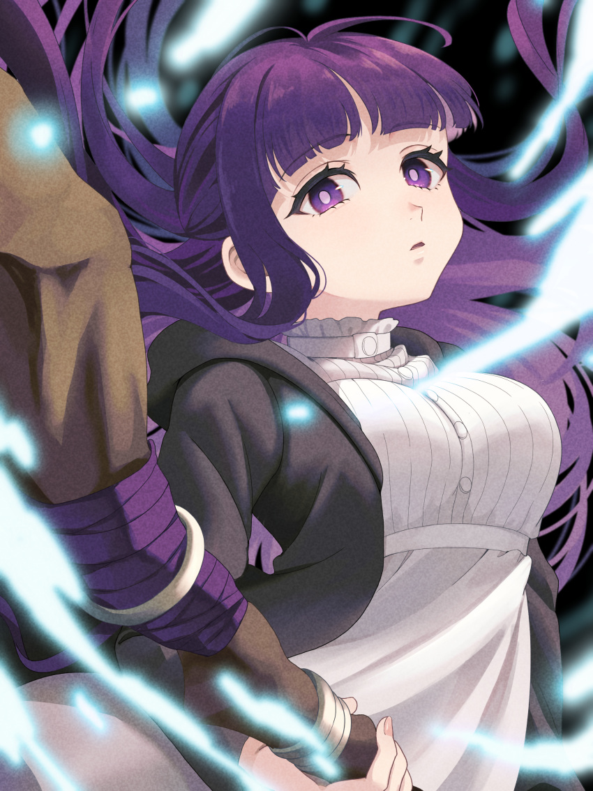 1girl absurdres black_robe blunt_bangs breasts bright_pupils commentary_request dress fern_(sousou_no_frieren) highres holding holding_staff large_breasts looking_at_viewer mage_staff nagi-negitoro parted_lips purple_hair robe solo sousou_no_frieren staff upper_body violet_eyes white_dress