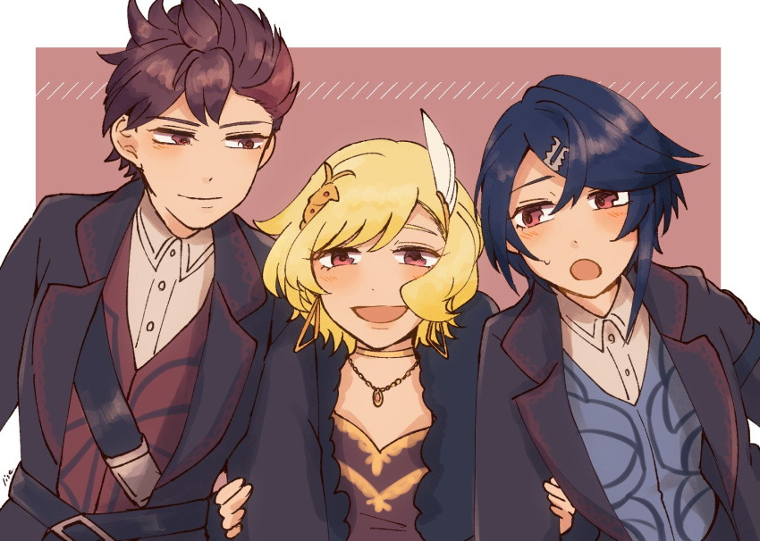 1girl 2boys alcryst_(fire_emblem) blonde_hair blue_hair brothers citrinne_(fire_emblem) diamant_(fire_emblem) earrings feather_hair_ornament feathers fire_emblem fire_emblem_engage fur_trim hair_ornament hairclip jacket jewelry liseeesh multiple_boys necklace official_alternate_costume open_mouth red_eyes redhead shirt short_hair siblings smile white_shirt
