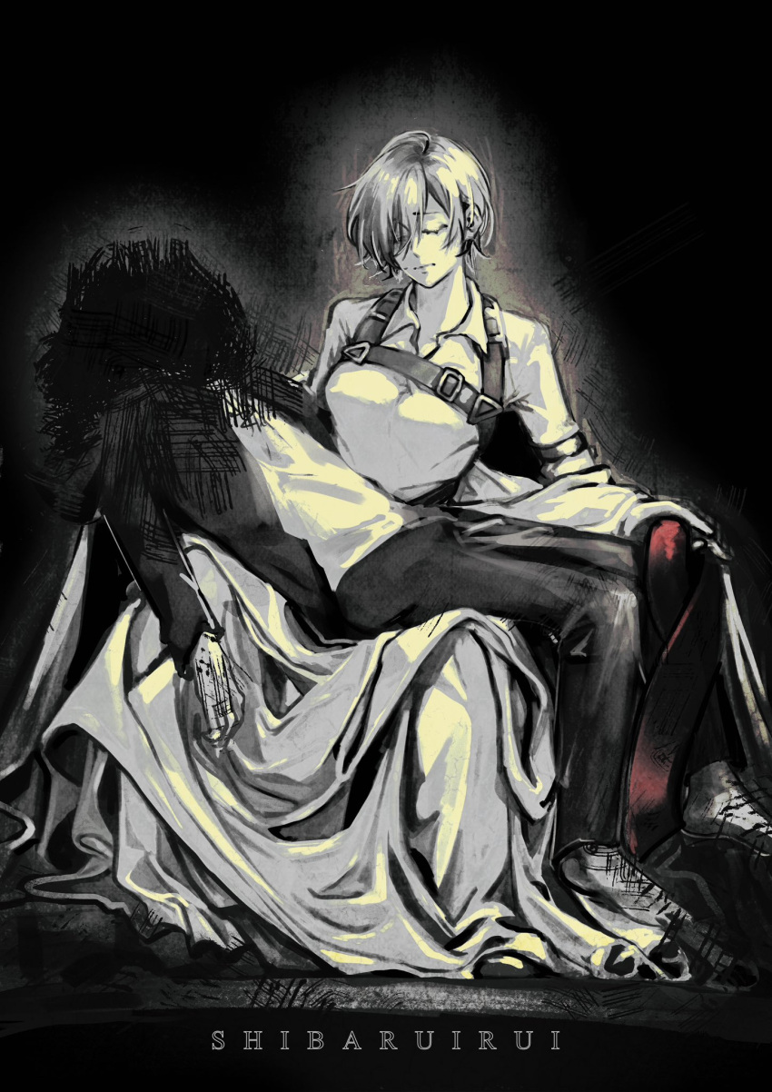 1boy 1girl artist_name breasts carrying chest_belt closed_eyes closed_mouth eren_yeager fine_art_parody full_body greyscale highres large_breasts lying_on_lap mikasa_ackerman monochrome mourning parody pieta red_scarf sad scarf scribble_censor shibaruirui shingeki_no_kyojin short_hair spot_color statue unconscious