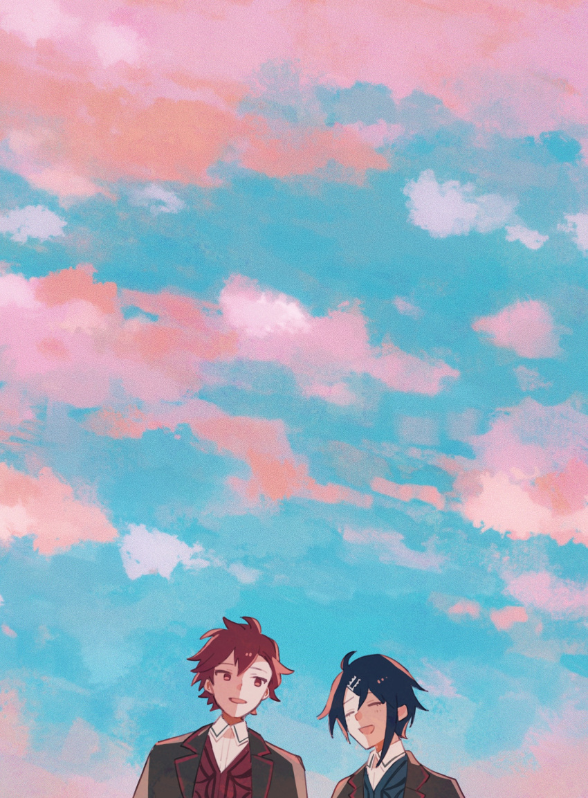 2boys alcryst_(fire_emblem) asymmetrical_hair blue_hair brothers closed_eyes clouds cloudy_sky diamant_(fire_emblem) fire_emblem fire_emblem_engage hair_ornament hairclip highres jacket male_focus multiple_boys official_alternate_costume open_mouth red_eyes redhead shirt siblings sky smile white_shirt yoi0763