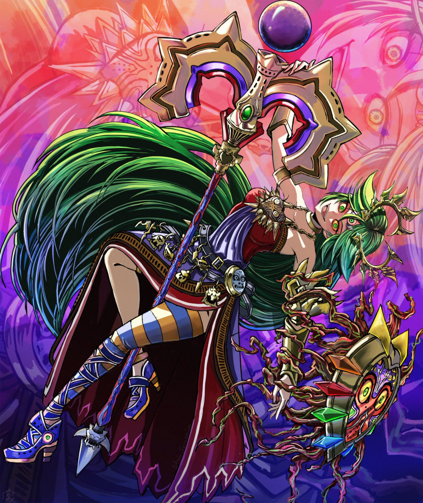 alternate_costume arm_guards armlet armor bare_legs bare_shoulders breasts choker colored_sclera corruption crossover dress evil_smile green_eyes green_hair high_heels highres holding holding_shield holding_staff jewelry kid_icarus long_hair looking_at_viewer moon_(zelda) necklace open_mouth palutena pole_dancing possessed purple_dress purple_footwear red_dress shield smile staff stoic_seraphim tentacles the_legend_of_zelda the_legend_of_zelda:_majora's_mask thigh-highs tiara yellow_sclera