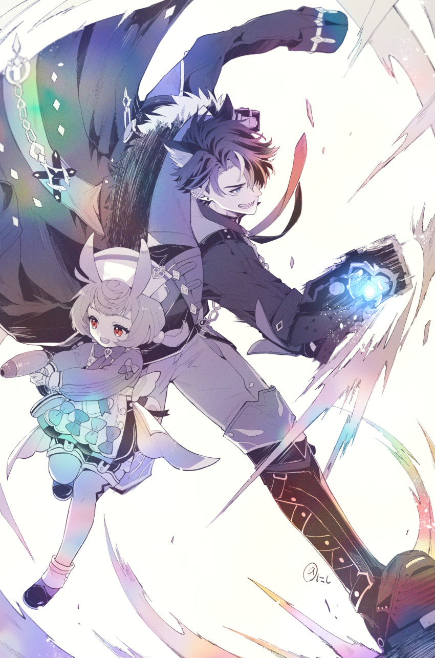 1boy 1girl :d animal_ears blue_eyes boots bow bowtie coat coat_on_shoulders ear_piercing earrings fur-trimmed_coat fur_trim genshin_impact gloves gun hair_ornament hat highres holding holding_gun holding_weapon jewelry monochrome multicolored_hair necktie piercing pom_pom_(clothes) pom_pom_hair_ornament punching red_eyes sigewinne_(genshin_impact) smile streaked_hair tanuki_nishi weapon wriothesley_(genshin_impact)