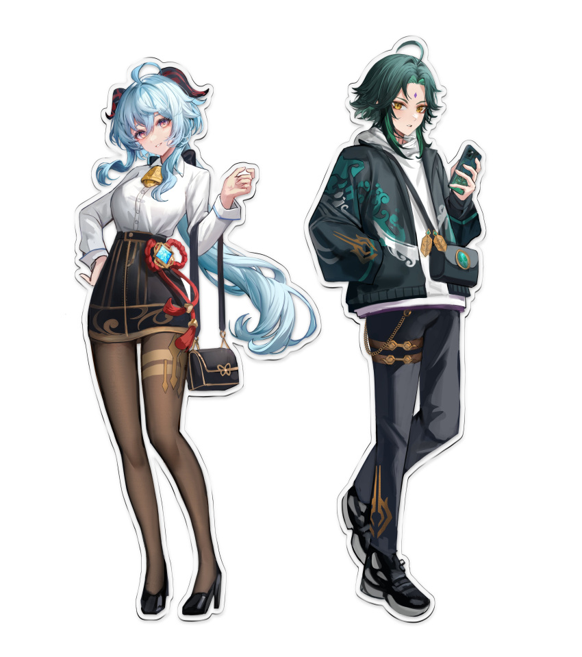 1boy 1girl absurdres alternate_costume bag black_footwear black_jacket black_pants black_skirt blue_hair breasts cellphone dasha facial_mark forehead_mark ganyu_(genshin_impact) genshin_impact goat_horns green_hair high_heels highres holding holding_phone horns jacket long_hair long_sleeves multicolored_hair pants pantyhose phone print_jacket shirt shoes short_hair shoulder_bag skirt smartphone smile violet_eyes vision_(genshin_impact) white_hood white_shirt xiao_(genshin_impact) yellow_eyes