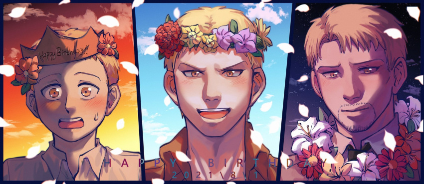 1boy age_progression aged_down blonde_hair chinese_commentary commentary_request dated facial_hair goatee happy_birthday head_wreath highres male_focus open_mouth paper_crown petals reiner_braun shingeki_no_kyojin smile sweatdrop yanglao_paopaoren yellow_eyes