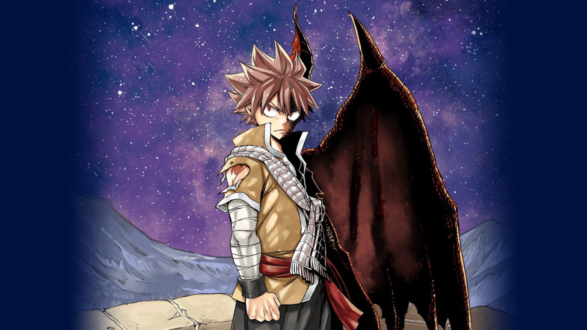 1boy belt clenched_hand closed_mouth demon_wings dragon_boy dragon_horns fairy_tail half-human highres horns male_focus mashima_hiro natsu_dragneel night night_sky red_belt red_eyes redhead scales scarf serious shoulder_tattoo single_wing sky solo spiky_hair standing star_(sky) starry_sky striped striped_scarf tattoo white_scarf wings