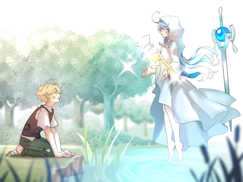 1boy 1girl aether_(genshin_impact) ahoge alternate_costume axe barefoot blonde_hair blue_eyes blue_hair brown_vest commentary english_commentary floating floating_hair floating_object forest furina_(genshin_impact) genshin_impact grass green_pants highres hood hood_up hooded_robe lake long_hair looking_at_another multicolored_hair nature outdoors pants profile robe shirt short_hair short_sleeves toes torn_clothes tree two-tone_hair vest water white_hair white_robe white_shirt yellow_eyes yuushiba