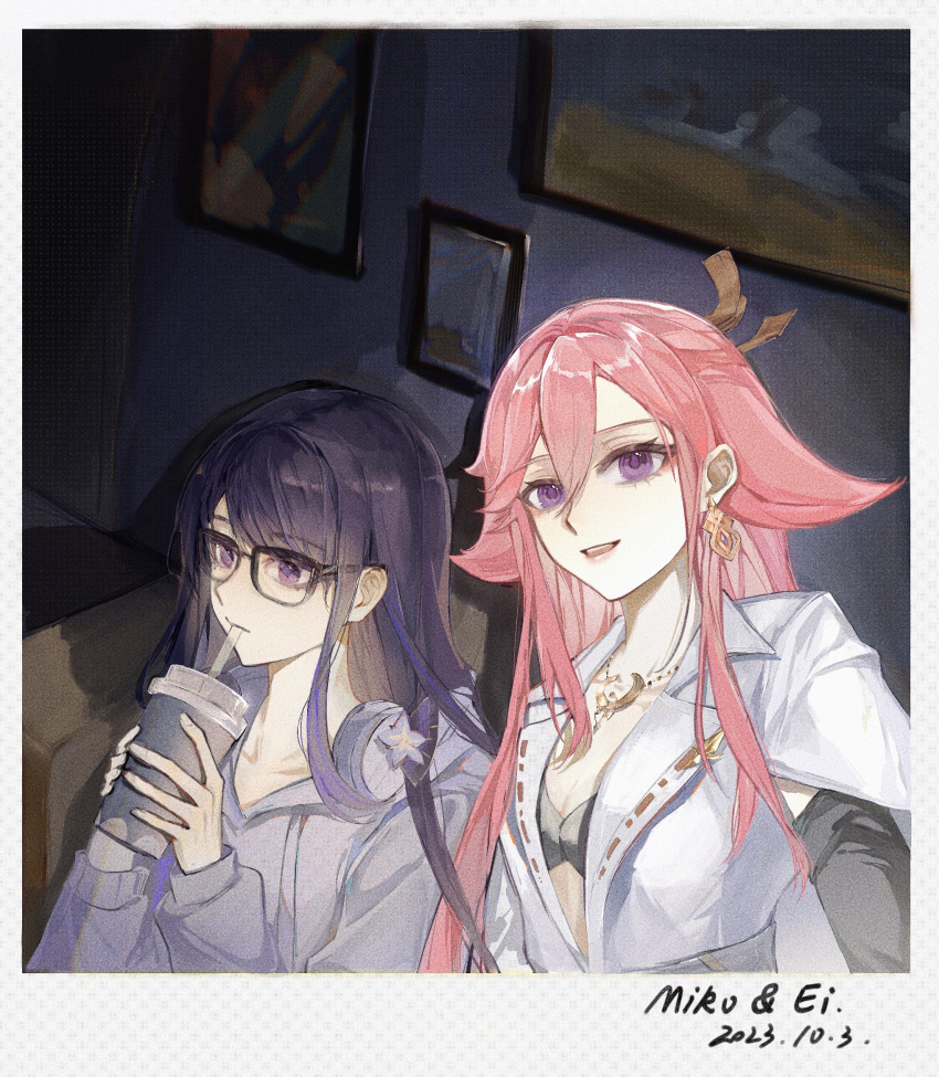 2girls animal_ears black_bra blunt_bangs bra character_name contemporary cup dated drinking drinking_glass earrings genshin_impact glasses hair_between_eyes hair_down hair_ornament headphones highres holding hood hooded_jacket jacket jewelry kis7908992 looking_at_viewer looking_down mole mole_under_eye multiple_girls necklace open_clothes open_jacket picture_frame pink_hair purple_hair raiden_shogun suit underwear violet_eyes white_suit yae_miko yuri