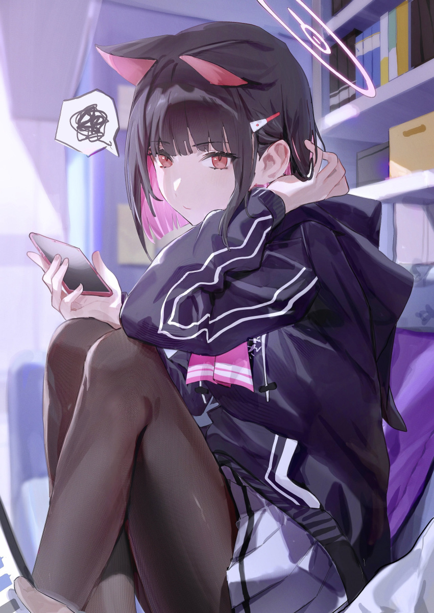 1girl absurdres animal_ears black_hair blue_archive blunt_bangs brown_pantyhose closed_mouth flatshi hair_ornament halo highres holding holding_phone indoors jacket kazusa_(blue_archive) long_sleeves looking_at_viewer multicolored_hair pantyhose phone pink_hair red_eyes short_hair sidelocks sitting skirt solo speech_bubble two-tone_hair
