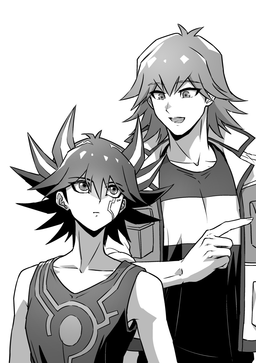 2boys absurdres bruno_(yu-gi-oh!) facial_mark facial_tattoo facing_viewer fudou_yuusei greyscale height_difference high_collar highres jacket looking_at_another looking_up male_focus marking_on_cheek monochrome multicolored_hair multiple_boys open_clothes open_jacket open_mouth pointing pointing_to_the_side shirt short_hair smile spiky_hair standing streaked_hair tank_top tattoo v-neck youko-shima yu-gi-oh! yu-gi-oh!_5d's