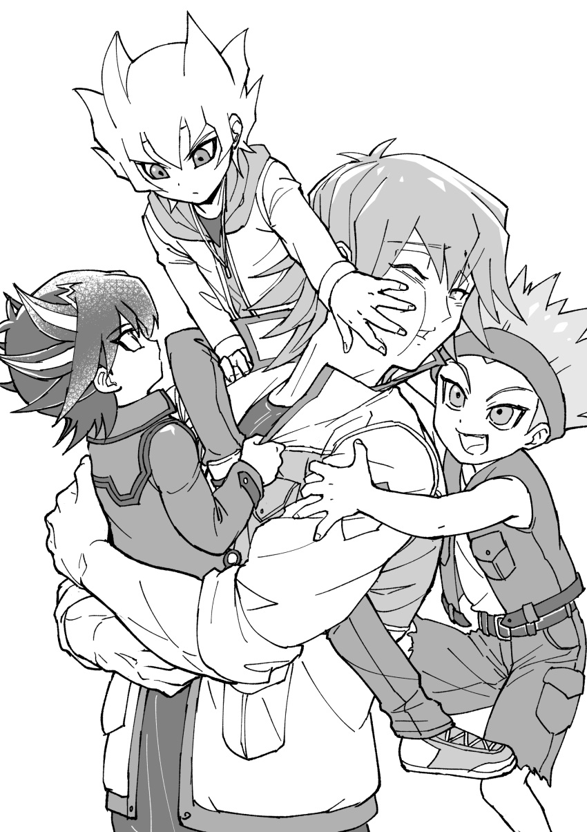 4boys absurdres age_difference aged_down belt bruno_(yu-gi-oh!) carrying carrying_person cheek_squash child clothes_grab crow_hogan fudou_yuusei greyscale hand_on_another's_cheek hand_on_another's_face hand_on_another's_shoulder high_collar highres holding hood hood_down hooded_jacket jack_atlas jacket jewelry monochrome multiple_boys necklace on_shoulder one_eye_closed open_mouth pants parted_lips piggyback screentones serious shirt shoes shorts sleeveless sleeveless_jacket sleeves_rolled_up smile sneakers spiky_hair standing youko-shima yu-gi-oh! yu-gi-oh!_5d's