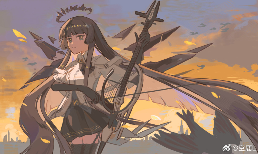 1girl absurdly_long_hair animal arknights artist_name ascot backlighting belt belt_buckle bird black_ascot black_belt black_bird black_garter_straps black_gloves black_hair black_halo black_skirt black_thighhighs black_wings blue_sky blunt_bangs breasts bright_pupils broken_halo buckle cello chinese_commentary chinese_text cityscape closed_mouth clouds cloudy_sky collared_jacket colored_inner_hair commentary_request cowboy_shot dark_halo dawn detached_wings elbow_gloves energy_wings floating_hair garter_straps gloves grey_hair grey_shirt halo highres hime_cut holding holding_bow_(music) holding_instrument holding_violin instrument jacket layered_sleeves long_hair long_sleeves looking_at_viewer looking_to_the_side miniskirt mole mole_under_eye multicolored_hair multicolored_sky music outdoors playing playing_instrument pleated_skirt shade shadow shirt short_over_long_sleeves short_sleeved_jacket short_sleeves sidelocks sideways_glance skirt sky small_breasts smile solo standing straight_hair sunlight thigh-highs two-tone_hair very_long_hair violin virtuosa_(arknights) watermark weibo_7814552075 weibo_logo weibo_username white_belt white_jacket white_pupils wide_sleeves wing_collar wings yellow_sky zettai_ryouiki