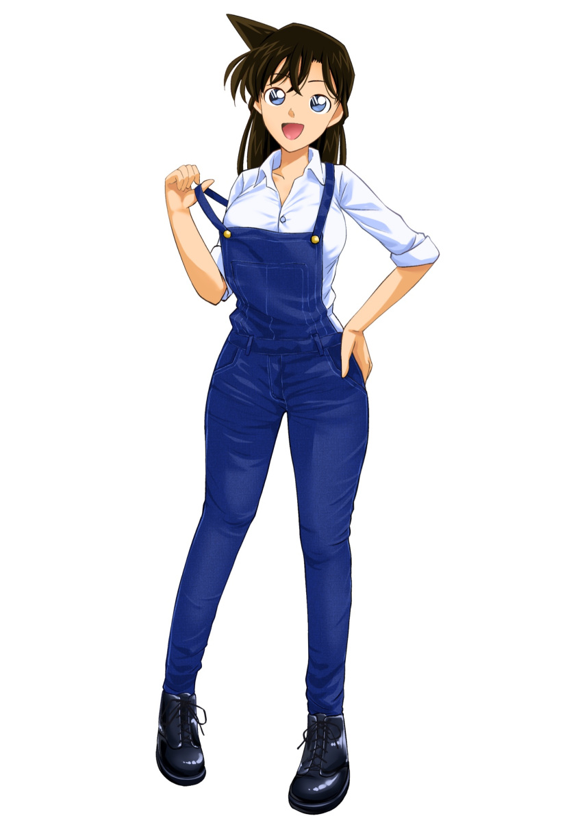 1girl :d alternate_costume black_footwear blue_eyes breasts brown_hair collared_shirt full_body highres large_breasts long_sleeves meitantei_conan mouri_ran overalls shirt simple_background smile solo standing tanjunde white_background white_shirt