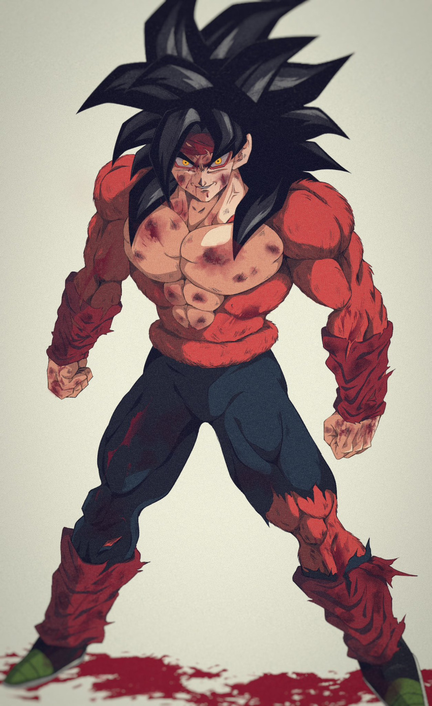 1boy armor bardock biceps black_hair bleeding blood blood_on_clothes blood_on_face body_fur broken_armor bruise bruise_on_face bure_(fantasticyouth7) cuts dirty dragon_ball dragon_ball_gt dragon_ball_z headband highres injury long_hair looking_at_viewer male_focus monkey_boy monkey_tail muscular muscular_male no_nipples pants pectorals red_fur saiyan saiyan_armor scar scar_on_cheek scar_on_face scratches simple_background smile solo spiky_hair super_saiyan super_saiyan_4 tail torn_clothes wristband