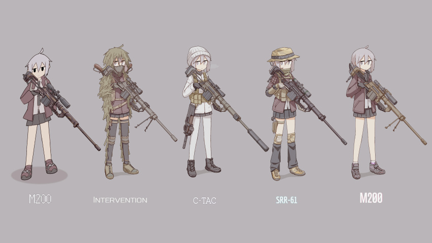 1girl absurdres ahoge alternate_costume bandana bandana_over_mouth beanie black_eyes black_footwear black_gloves black_leg_warmers black_skirt black_thighhighs bolt_action boonie_hat boots breath brown_footwear brown_jacket bullpup cardboard_cutout cheytac_m200 commentary covered_mouth elbow_pads english_commentary expressionless full_body ghillie_suit girls_frontline gloves grey_background grey_eyes grey_hair gun gun_on_back handgun hat highres holding holding_gun holding_weapon holster jacket jitome knee_pads leg_warmers lever_action long_sleeves looking_at_viewer m200_(girls'_frontline) miniskirt mixed-language_commentary multiple_views neck_warmer p90 pantyhose player193 pleated_skirt rifle simple_background skirt sniper_rifle standing submachine_gun suppressor tactical_clothes thigh-highs thigh_holster trigger_discipline weapon weapon_name weapon_on_back white_headwear white_jacket white_pantyhose