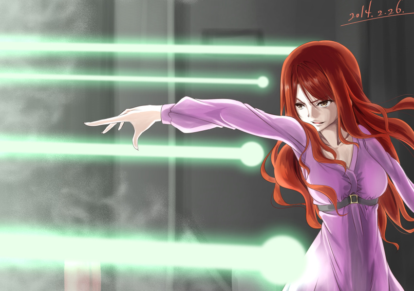 1girl attack belt breasts brown_eyes brown_hair chest_belt commentary_request dated dress energy energy_ball energy_beam evil_smile firing glowing grey_background grey_belt highres indoors large_breasts long_hair long_sleeves looking_to_the_side mu-_(tel445566) mugino_shizuri official_alternate_color open_mouth outstretched_arm plasma psychic purple_dress smile solo toaru_kagaku_no_railgun toaru_kagaku_no_railgun_s toaru_majutsu_no_index underbust upper_body v-shaped_eyebrows wall