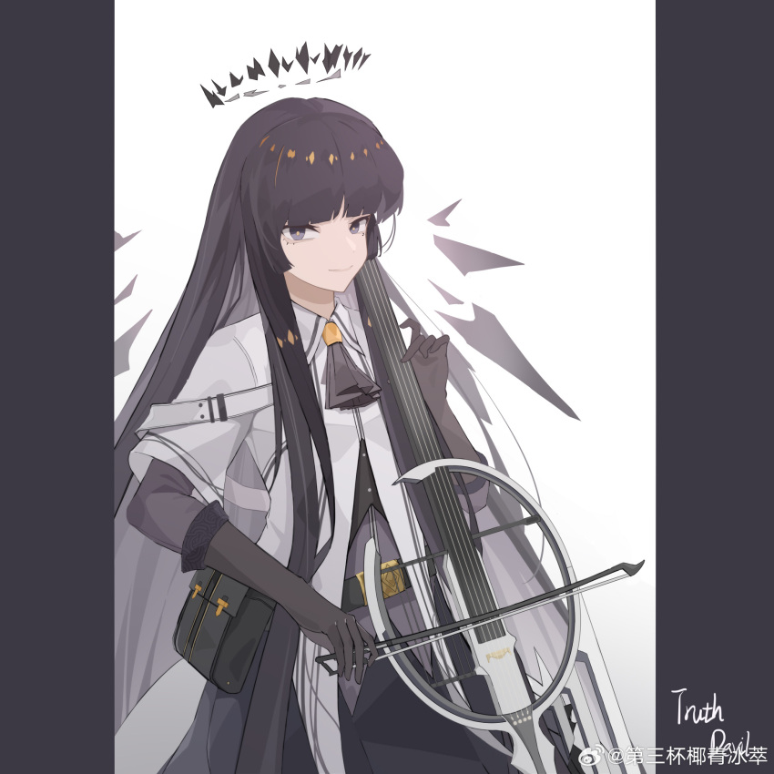 1girl arknights artist_name ascot belt belt_buckle belt_pouch black_ascot black_belt black_bustier black_gloves black_hair black_halo black_pouch black_skirt blunt_bangs bow_(music) broken_halo buckle bustier buttons cello chinese_commentary chinese_text closed_mouth collared_jacket colored_inner_hair commentary_request cowboy_shot dark_halo detached_wings dress_shirt energy_wings from_side gloves grey_eyes grey_hair grey_shirt grey_wings halo hand_up highres hime_cut holding holding_bow_(music) holding_instrument holding_violin instrument jacket layered_sleeves light_smile long_hair long_sleeves looking_at_viewer mole mole_under_eye multicolored_hair music pale_skin pillarboxed playing playing_instrument pouch shadow shirt short_over_long_sleeves short_sleeved_jacket short_sleeves sidelocks sideways_glance signature simple_background skirt solo standing straight_hair two-tone_hair very_long_hair violin virtuosa_(arknights) watermark weibo_6173775083 weibo_logo weibo_username white_background white_belt white_jacket wide_sleeves wing_collar wings yellow_pupils