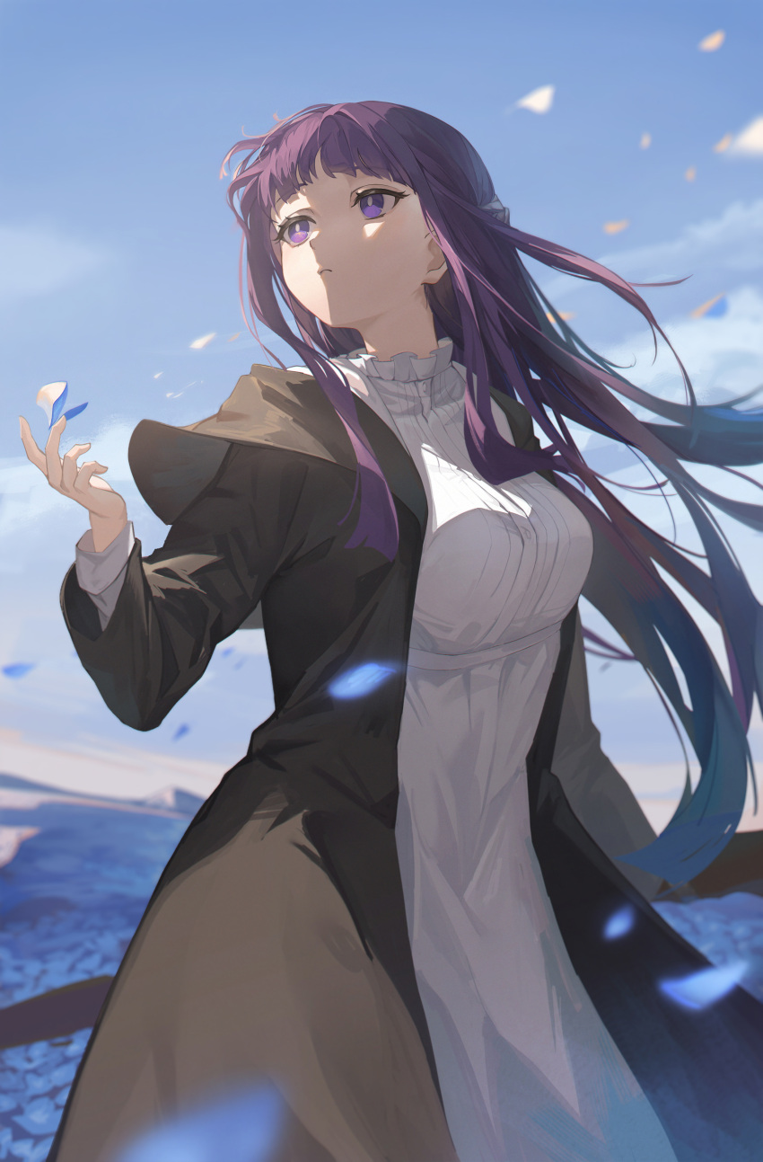 1girl absurdres black_coat blue_sky blunt_bangs blurry blurry_background breasts bright_pupils buttons closed_mouth coat collar dress eruthika falling_petals fern_(sousou_no_frieren) frilled_collar frills highres hood hood_down hooded_coat large_breasts long_coat long_dress long_hair long_sleeves looking_to_the_side outdoors petals purple_hair sidelocks sky solo sousou_no_frieren straight_hair violet_eyes white_dress white_pupils