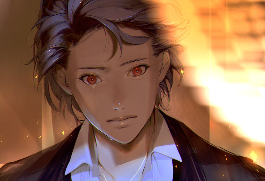 1boy absurdres blurry blurry_background brown_background chikage_(chi_g0) closed_mouth collarbone crying crying_with_eyes_open grey_hair highres jacket looking_at_viewer male_focus portrait red_eyes sad shirt shitara_seiji short_hair solo tears tears_from_one_eye tokimeki_memorial tokimeki_memorial_girl's_side_3rd_story white_shirt