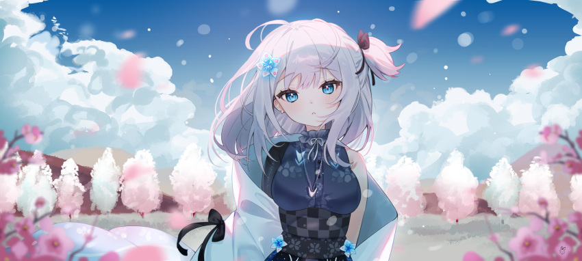 1girl :&lt; bare_shoulders black_bow black_shirt black_skirt blue_eyes blue_sky bow breasts cheli_(kso1564) cherry_blossoms closed_mouth commentary copyright_request day grey_hair hair_bow highres jacket long_hair looking_at_viewer medium_breasts one_side_up outdoors shirt skirt sky snow solo upper_body virtual_youtuber white_jacket