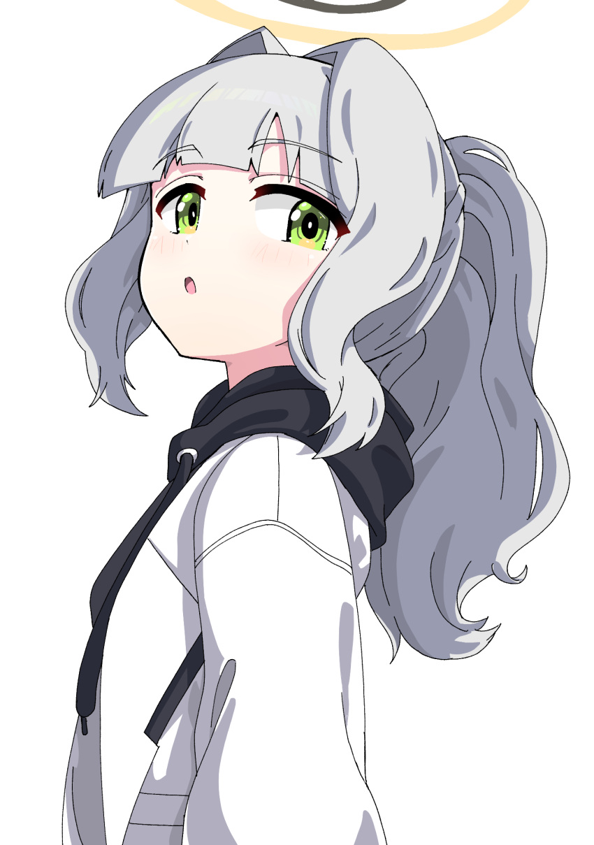1girl 9-san black_hoodie blue_archive from_side green_eyes grey_hair halo hare_(blue_archive) highres hood hood_down hoodie jacket long_hair long_sleeves looking_at_viewer parted_lips ponytail simple_background solo upper_body white_background white_jacket