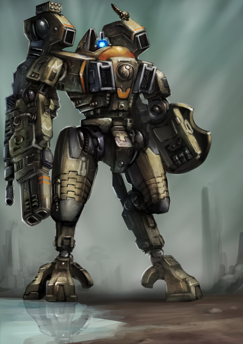 absurdres arm_cannon battlesuit commentary engineer24 english_commentary glowing glowing_eye highres jetpack looking_at_viewer mecha mecha_focus missile_pod no_humans pool reflection reflective_water reverse-jointed_legs robot shield solo standing t'au warhammer_40k weapon
