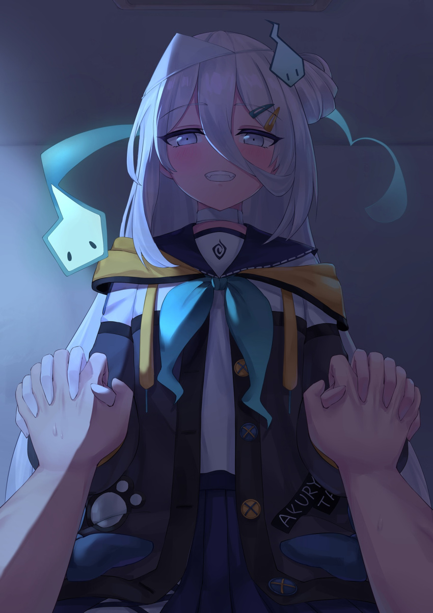 1girl blue_neckerchief commentary_request commission grin hair_between_eyes highres hitodama hitodama_hair_ornament holding_hands leeshin0919 long_hair looking_at_viewer neckerchief pixiv_commission pov pov_hands smile solo_focus suzutuki_sui teeth varium virtual_youtuber white_hair