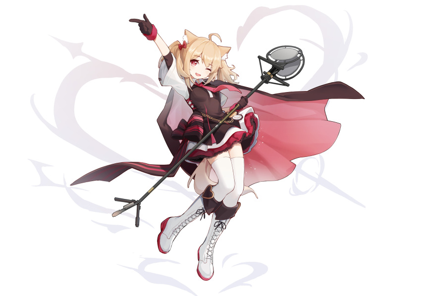 1girl absurdres ahoge animal_ears arknights artist_request blonde_hair boots bow fox_ears fox_girl fox_tail gloves hair_bow highres looking_at_viewer necktie one_eye_closed red_bow red_eyes red_necktie sora_(arknights) tail thigh-highs white_background