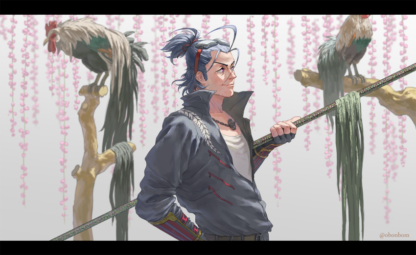 1boy bird blue_hair blue_jumpsuit chicken commentary_request facial_hair fingerless_gloves gloves goggles goggles_on_head hand_on_own_hip highres holding holding_polearm holding_weapon jewelry jumpsuit looking_to_the_side male_focus necklace nihongou nihongou_(touken_ranbu) obonbom pink_eyes polearm shirt smile stubble touken_ranbu twitter_username weapon white_background white_shirt