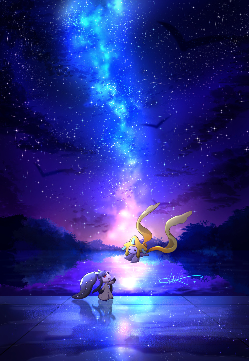 :3 :d absurdres artist_name black_hair blush closed_mouth commentary_request flying hair_ribbon highres jirachi long_hair looking_at_another mawile moxa_ryu night night_sky no_humans open_mouth outdoors pokemon pokemon_(creature) red_eyes ribbon sharp_teeth sidelocks signature sky smile sparkle standing star_(sky) starry_sky teeth tree water white_ribbon