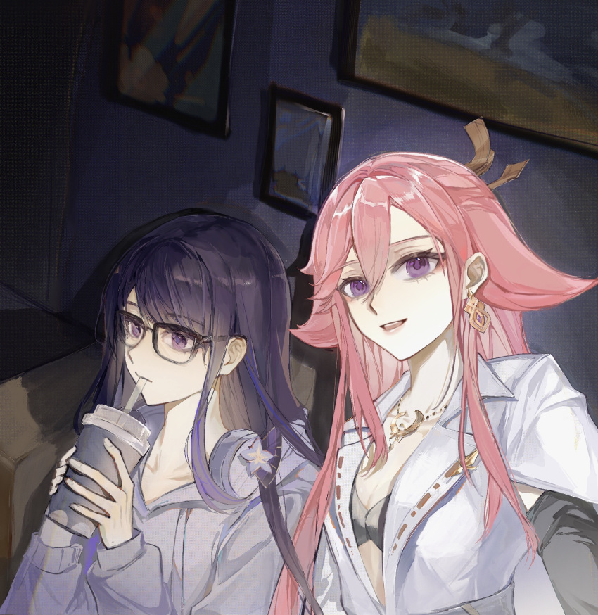 2girls animal_ears black_bra blunt_bangs bra contemporary cup drinking drinking_glass earrings genshin_impact glasses hair_between_eyes hair_down hair_ornament headphones highres holding hood hooded_jacket indoors jacket jewelry kis7908992 long_hair looking_at_viewer looking_down mole mole_under_eye multiple_girls necklace official_alternate_costume open_clothes open_jacket open_mouth picture_frame pink_hair purple_hair raiden_shogun raiden_shogun_(2nd_anniversary) sitting suit taking_picture underwear violet_eyes white_suit yae_miko yae_miko_(2nd_anniversary) yuri