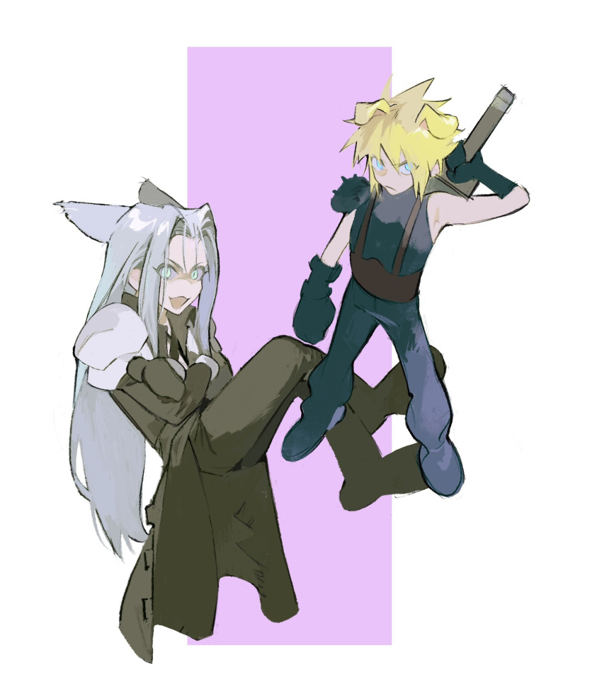 2boys animal_ears armor asymmetrical_arms belt black_coat black_footwear black_gloves black_pants blonde_hair blue_eyes blue_pants boots cat_boy cat_ears chibi cloud_strife coat commentary crossed_arms dog_boy dog_ears final_fantasy final_fantasy_vii frown glaring gloves green_eyes grey_hair hashtag_only_commentary high_collar highres invisible_chair leather_belt light_frown long_coat long_hair long_sleeves looking_at_viewer male_focus multiple_boys open_mouth pants parted_bangs pauldrons purple_background sephiroth short_hair shoulder_armor simple_background single_pauldron sitting sleeveless slit_pupils spiky_hair square_background suspenders sword sword_on_back weapon weapon_on_back xscr1205