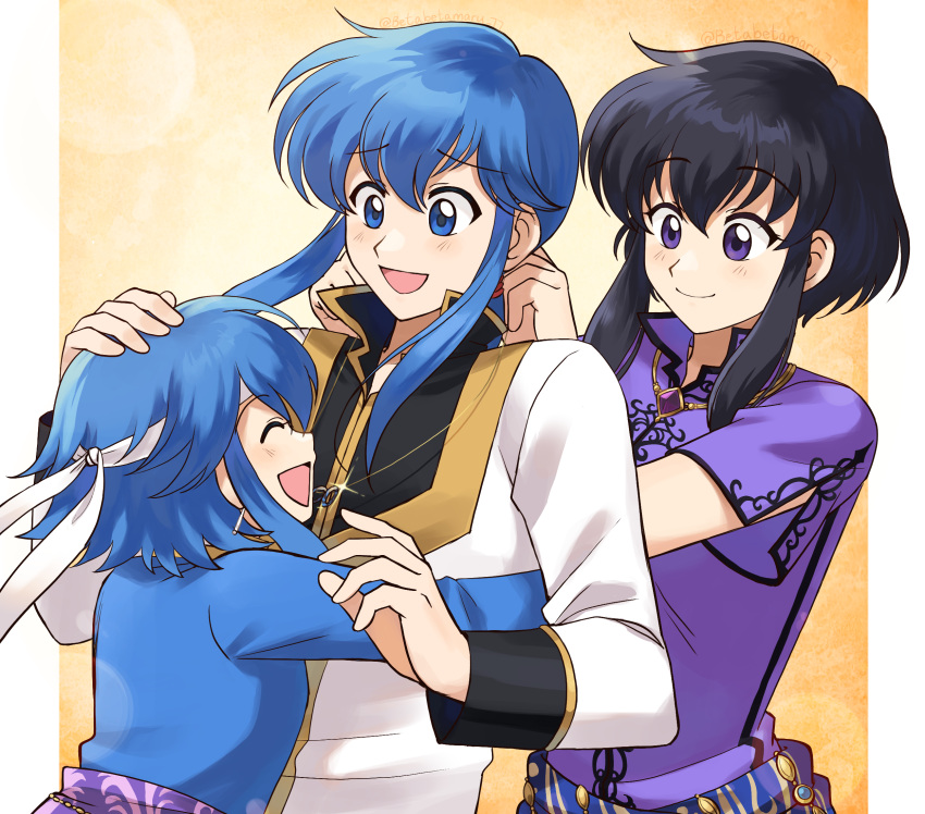 1boy 2girls aged_up alternate_costume betabetamaru black_hair black_shirt blue_eyes blue_hair blue_shirt blush child closed_eyes closed_mouth commentary_request commission father_and_daughter fire_emblem fire_emblem:_genealogy_of_the_holy_war gold_trim hair_between_eyes highres hug husband_and_wife if_they_mated jewelry larcei_(fire_emblem) long_hair long_sleeves looking_at_another mother_and_daughter multiple_girls necklace open_mouth ponytail purple_shirt sash seliph_(fire_emblem) shirt short_hair short_hair_with_long_locks short_sleeves sidelocks skeb_commission smile two-tone_shirt very_long_hair violet_eyes white_shirt
