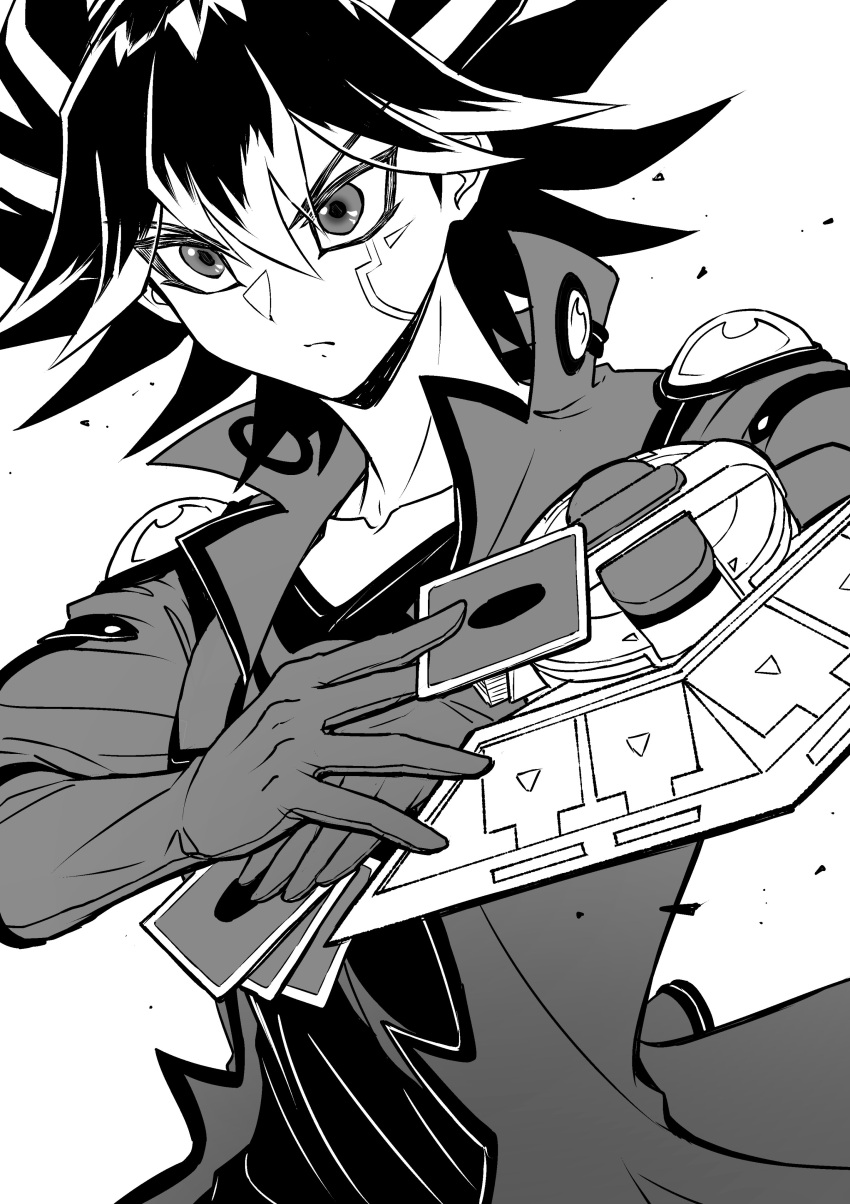 1boy absurdres arms_up black_hair card collarbone duel_disk facial_mark facial_tattoo fudou_yuusei greyscale high_collar highres holding holding_card jacket male_focus marking_on_cheek monochrome open_clothes open_jacket serious shirt short_hair shoulder_pads solo spiky_hair tattoo trading_card v-neck youko-shima yu-gi-oh! yu-gi-oh!_5d's