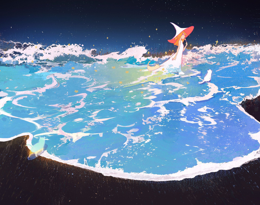 1girl cat commentary dress english_commentary foaming_waves hat highres holding holding_wand long_dress mengxuanliart original redhead sky star_(sky) starry_sky wand water waves white_cat white_dress white_headwear witch_hat