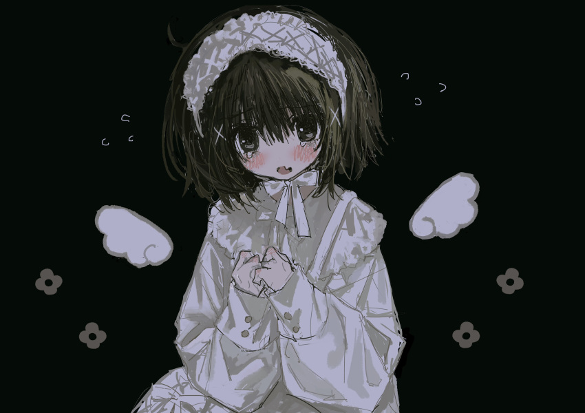 1girl absurdres alternate_costume black_background blush brown_eyes brown_hair detached_wings dress fang flying_sweatdrops hair_ornament hairband highres iwakura_lain lolita_hairband long_sleeves looking_at_viewer mini_wings serial_experiments_lain short_hair simple_background skin_fang solo tearing_up torichikushou upper_body white_dress wings x_hair_ornament
