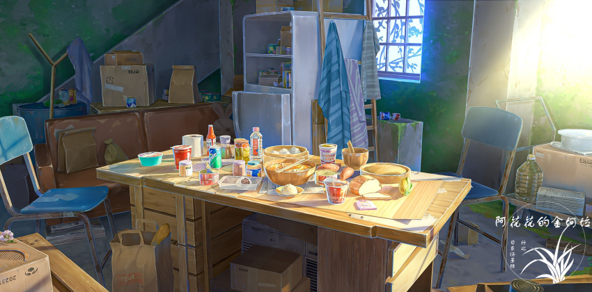 absurdres artist_logo bag bottle bowl box bread can cardboard_box chair food highres indoors instant_ramen no_humans original paper_bag refrigerator scenery soda_can table window xingzhi_lv