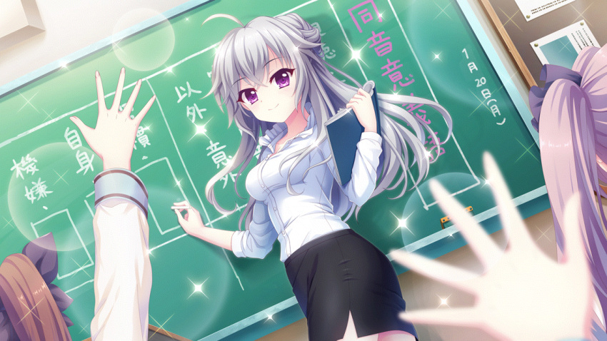 1other 3girls aged_up ahoge arm_up black_bow black_skirt blurry blurry_foreground book bow breasts brown_hair bulletin_board chalkboard classroom closed_mouth collar dot_nose dutch_angle film_grain frilled_collar frills game_cg grey_hair hair_bow holding holding_book ichijou_ruka izumi_tsubasu long_hair long_sleeves marehoshi_academy_school_uniform medium_breasts misaki_sango multiple_girls non-web_source official_art re:stage! school school_uniform serafuku shikimiya_aone shirt side_slit skirt smile violet_eyes white_shirt