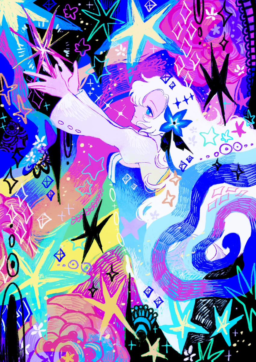 1girl abstract_background blue_dress blue_eyes blue_flower blue_hair commentary_request dress flower hair_flower hair_ornament highres isekai_joucho kamitsubaki_studio long_sleeves multicolored_background multicolored_hair otonoha_aika outstretched_arms profile smile solo star_(symbol) two-tone_dress two-tone_hair virtual_youtuber white_dress white_hair