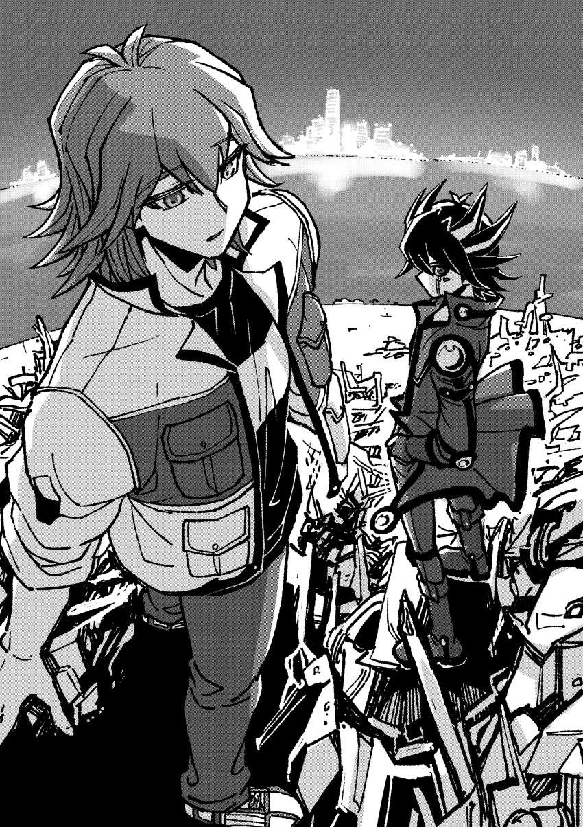 2boys absurdres boots bruno_(yu-gi-oh!) city city_lights elbow_pads facial_mark facial_tattoo foreshortening from_above fudou_yuusei glaring greyscale half-closed_eyes hand_in_pocket high_collar highres jacket junkyard knee_boots knee_pads looking_back male_focus marking_on_cheek monochrome multiple_boys ocean open_clothes open_jacket outdoors pants parted_lips pocket screentones shirt shoes short_hair shoulder_pads skyline sleeves_rolled_up sneakers spiky_hair standing t-shirt tattoo youko-shima yu-gi-oh! yu-gi-oh!_5d's