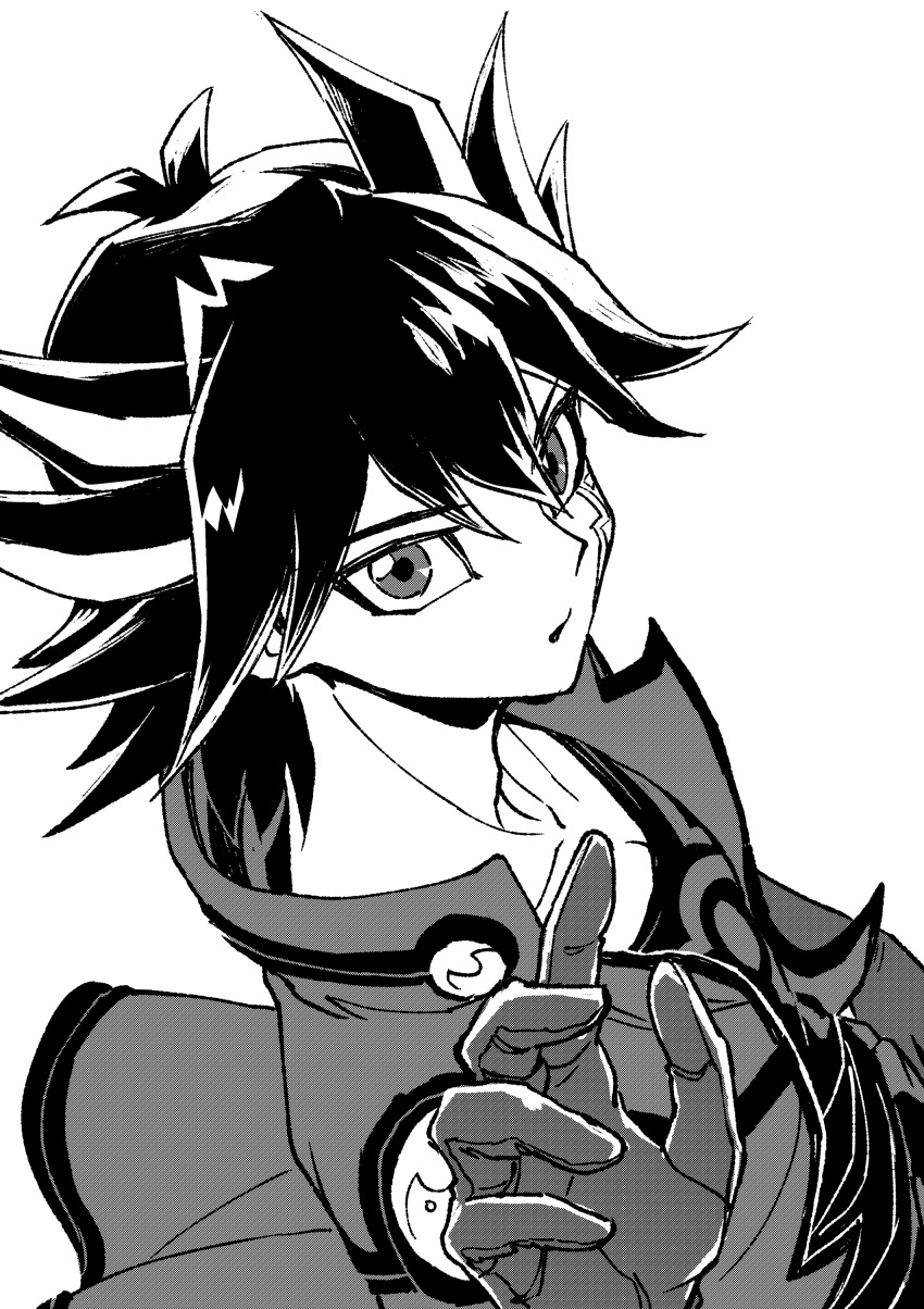 1boy absurdres black_hair facial_mark facial_tattoo fudou_yuusei gloves greyscale high_collar highres jacket looking_at_viewer looking_back male_focus marking_on_cheek monochrome open_clothes open_jacket parted_lips reaching reaching_towards_viewer screentones shirt short_hair shoulder_pads simple_background solo spiky_hair tattoo upper_body youko-shima yu-gi-oh! yu-gi-oh!_5d's