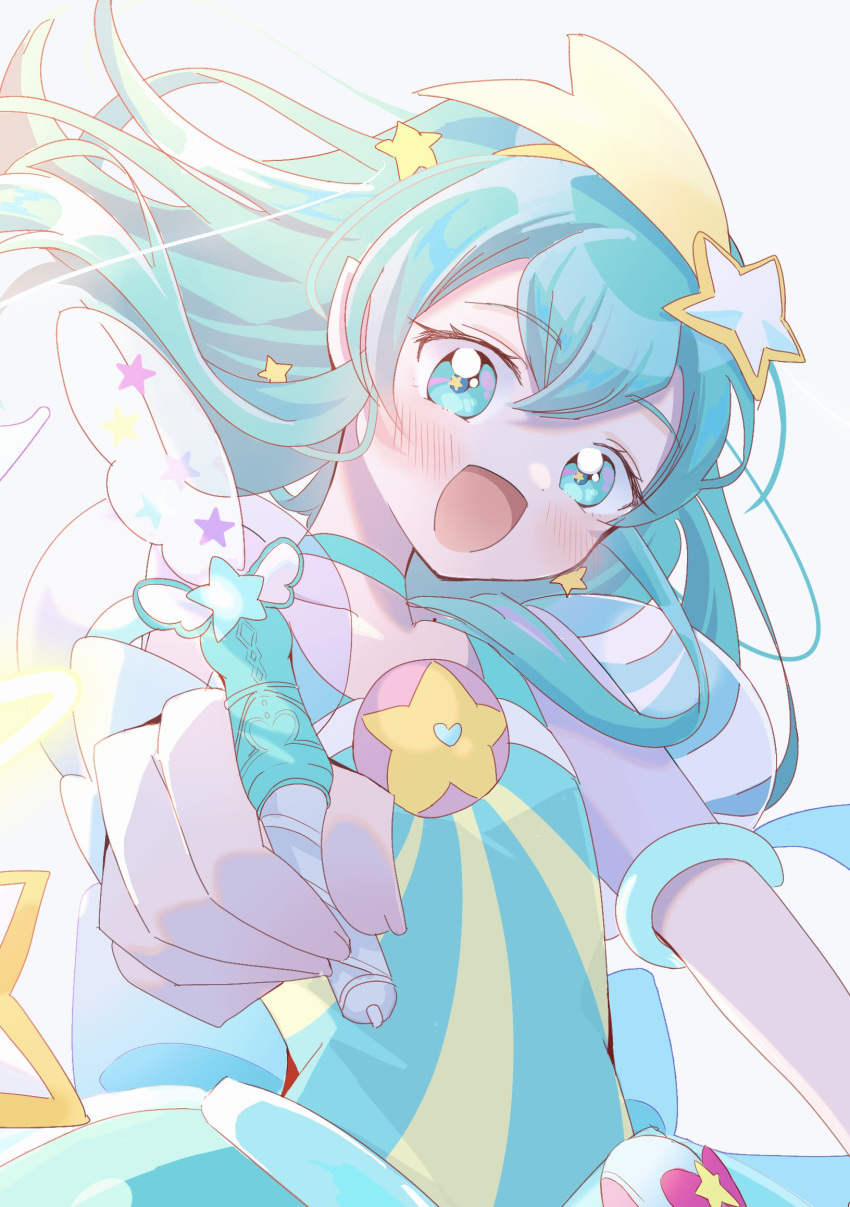 1girl aqua_choker aqua_hair blue_eyes blush choker commentary_request cure_milky earrings hagoromo_lala hair_ornament hairband highres holding holding_pen jewelry lilylily0601 looking_at_viewer magical_girl open_mouth pen pointy_ears precure see-through see-through_sleeves shooting_star_hair_ornament smile solo star-shaped_pupils star_(symbol) star_color_pen star_earrings star_hair_ornament star_in_eye star_twinkle_precure symbol-shaped_pupils symbol_in_eye yellow_hairband