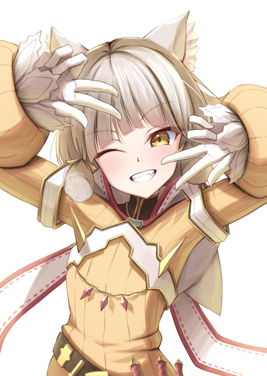 1girl animal_ear_fluff animal_ears arm_up blunt_ends bodysuit brown_eyes commentary_request gloves grey_hair grin hand_up highres long_sleeves looking_at_viewer nia_(xenoblade) okazuemon one_eye_closed puffy_long_sleeves puffy_sleeves simple_background sleeves_past_wrists smile solo upper_body w white_background white_gloves xenoblade_chronicles_(series) xenoblade_chronicles_2 yellow_bodysuit